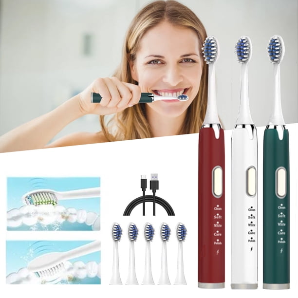 Cepillo de dientes eléctrico con 6 cabezas de cepillo y 5 modos - IPX7 impermeable, cable de carga USB-C, batería de 800mAh - Roja, blanca o verde