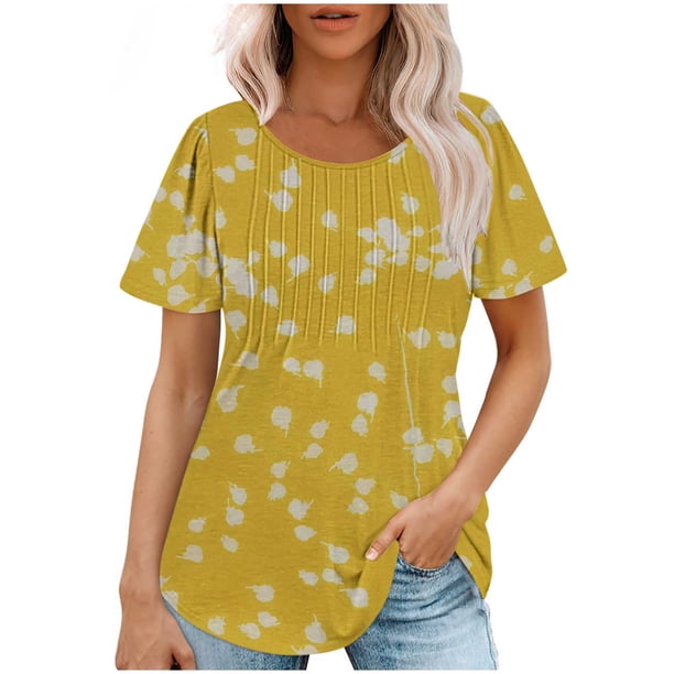 Fiudx Camisas para Mujer Top Estampado con Cuello Redondo y Manga Corta Informal para Mujer a La Moda