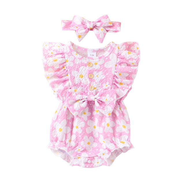 Gupgi Baby Girl Summer Jumpsuit Infant Floral Print Bow Ruffles Buttons Romper and Headband Set
