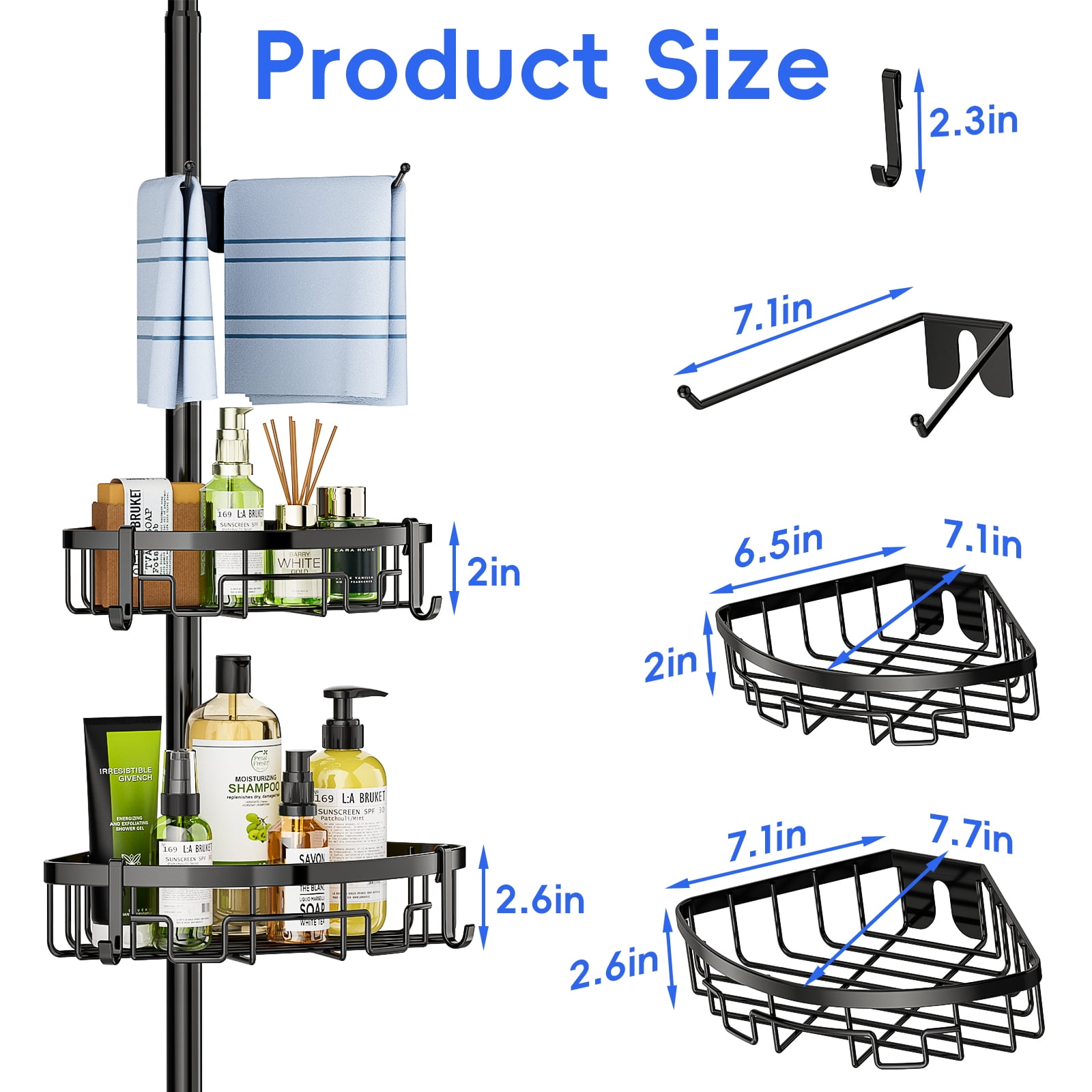 Auledio Corner Shower Caddy Tension Pole - 62-115INCH - 4-Tier Rustproof Bathroom Organizer Shelves, Adjustable Bathtub Tub Shampoo Storage