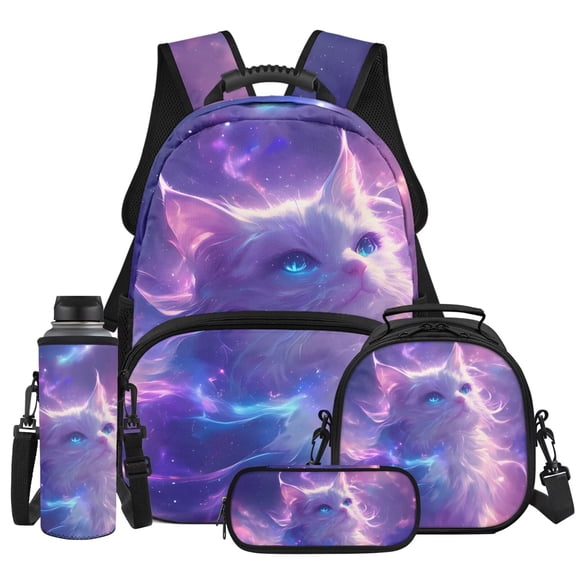 Yspwyqan Galaxy White Cat School Backpack Set for Kids, 4Pcs Girls Backpack Set with Lunch Box Pencil Case Water Bottle Bag, Lightweight Bookbag Fits 13 Inch Laptop for Elementary Middle School