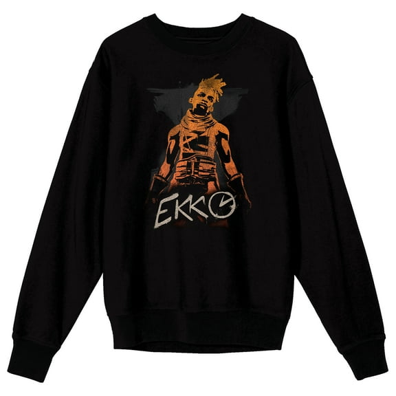 Arcane Orange Ekko Adult Black Crew Neck Long Sleeve Sweatshirt-Medium