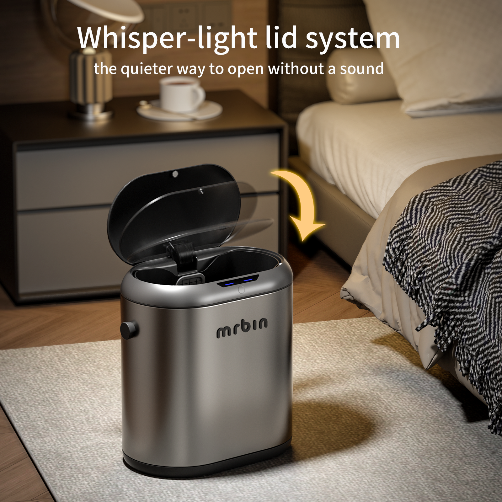 MRBIN Automatic Adsorption Metal Trash Can for Bathroom, Touchless Garbage Bin with Lid, 3.2 Gallon Slim Trash Can for Office and Bedroom, Electric Motion Sensor Waste Basket, Eclipse Grey