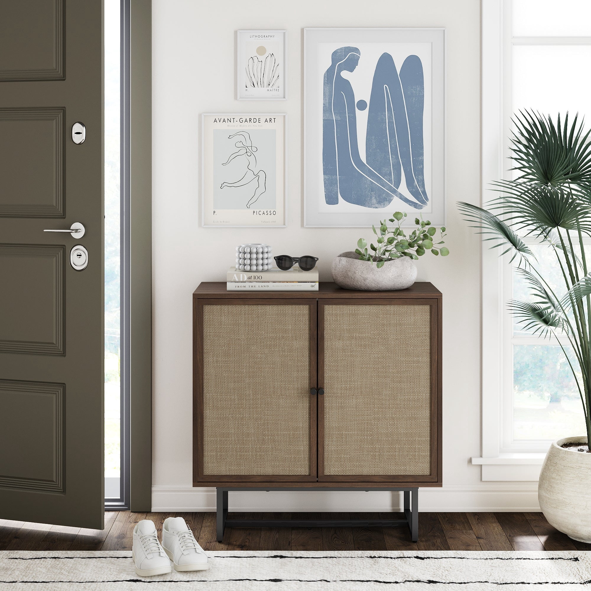 Nathan James Kova Bohemian Rattan Sideboard or Storage Cabinet, Wooden Storage Cabinet with Doors, Walnut Sideboard Buffet or Rattan Accent Storage Cabinet with Matte Black Legs