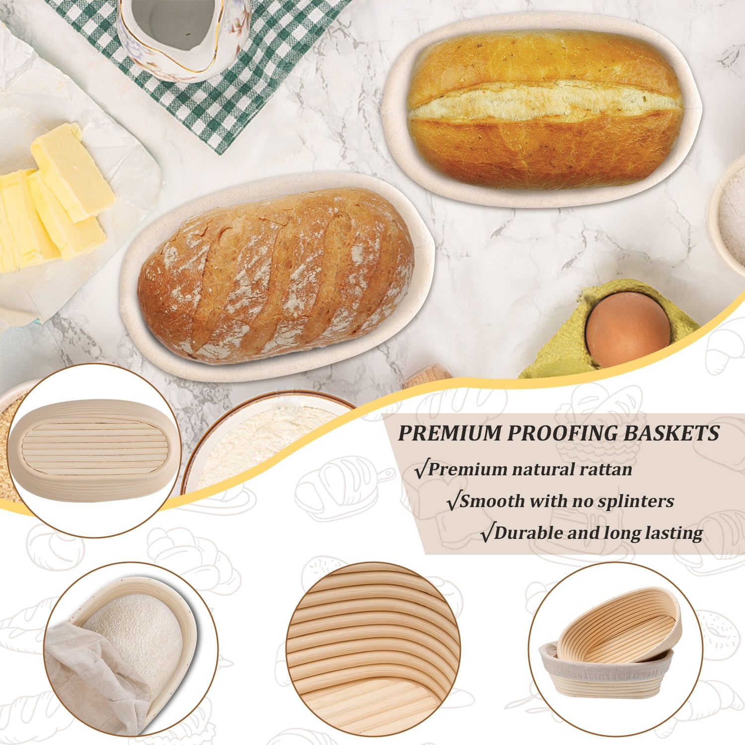 Vesteel Bread Proofing Basket Set of 2, 10 inch Oval Banneton Bread Baking Baskets with Liner, Baking Supplies Tools Included for Fermenting Baking Dough