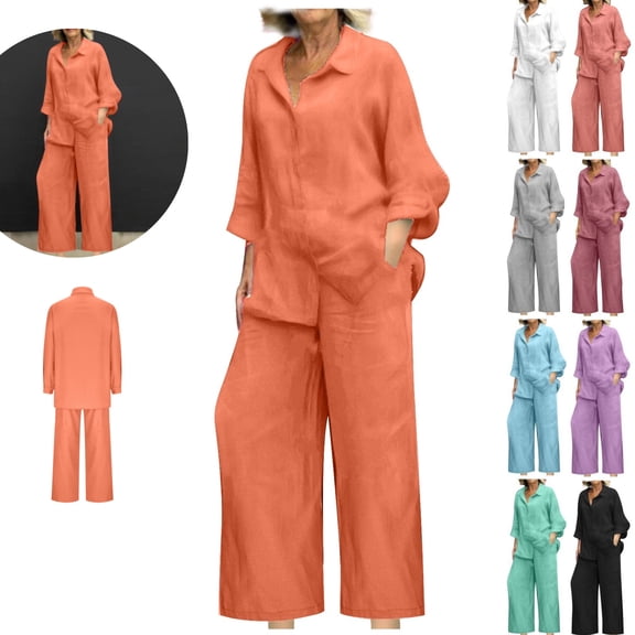 Gamivast Cotton Linen Pants for Women Casual 2 Piece Outfit Long Sleeve Button Down Shirt And Wide Leg Trousers Set Lounge Wear for Vacation
