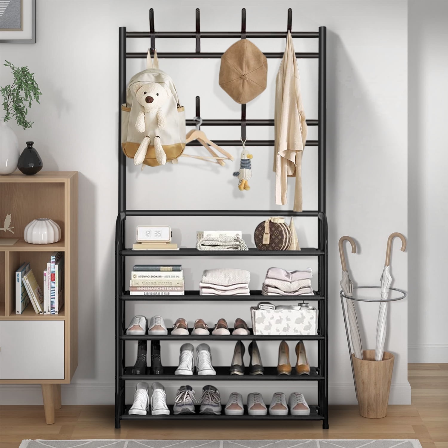 Brochao 5 Tiers Shoe Rack with Coat Rack, Shoe Organizer Storage with Hooks, Freestanding Shoe Shelf for Entryway, Hallway, Office, Black