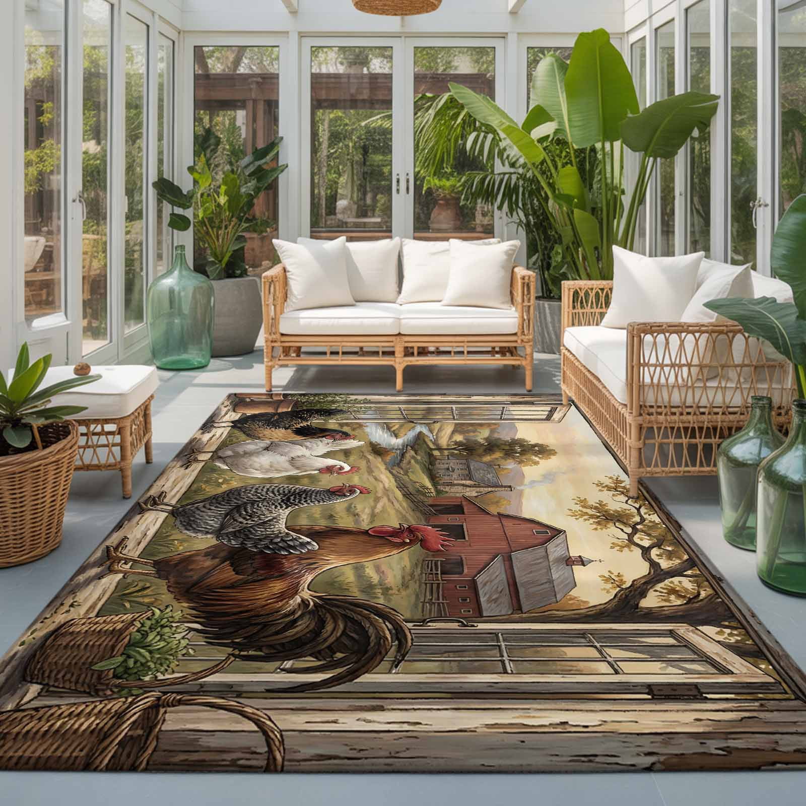 Large Area Rugs 5'x8', Vintage Rooster Carpet Runner Indoor Outdoor Rugs Home Decor Aesthetic, Barn Farmhouse Art Animals Tree Non Slip Mats Washable Accent Rug for Living Room Bedroom