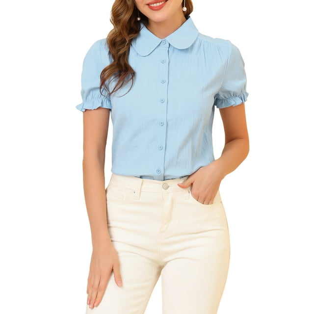 INSPIRAR CHIC Blusas de Algodón con Cuello Peter Pan y Botones Vintage para Mujeres, Color Azul Claro, Talla XL