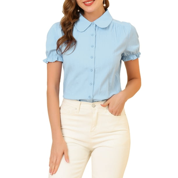 INSPIRAR CHIC Blusas de Algodón con Cuello Peter Pan para Mujeres, Botones Vintage, Día de la Madre, Azul Claro, XL