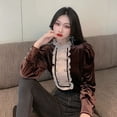 thumbnail image 3 of PIKADINGNIS Autumn New Retro Palace Style Blouses Hit Color Wood Ear Stitching Women Blouse Stand Collar Korean Velvet Shirts, 3 of 6