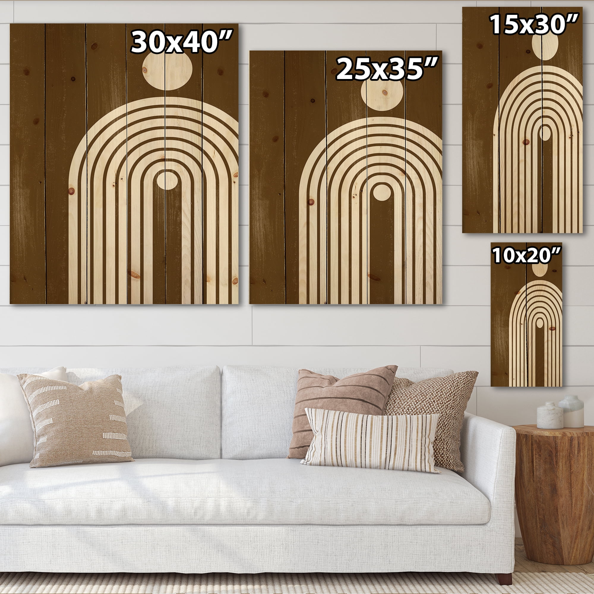 Designart 'Terracotta Minimalist Boho Rainbow With Sun' Modern Print on Natural Pine Wood