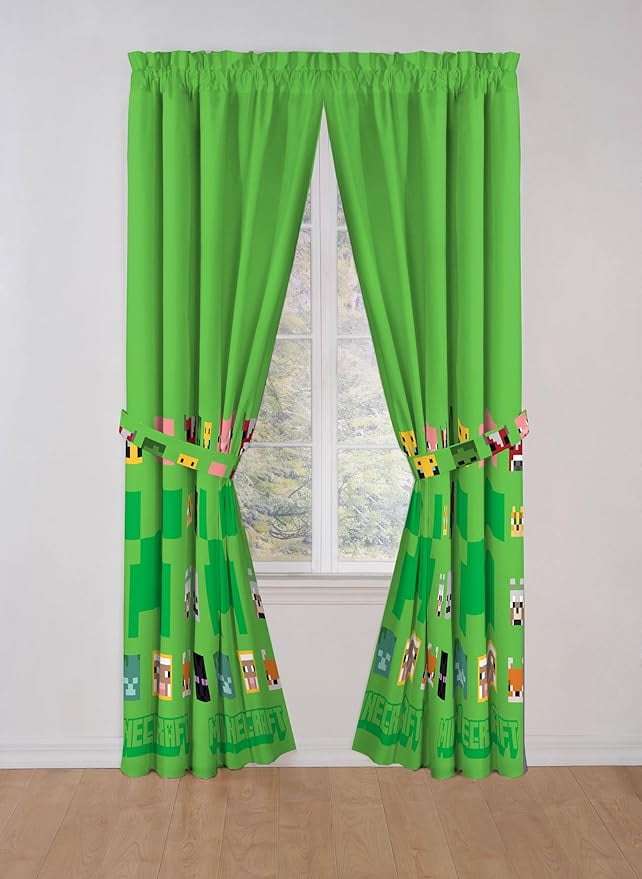 Mojang Minecraft Creeper & Faces 2 Panels Drapes Set - 84 Inch Long - Gaming Kids Room Curtains