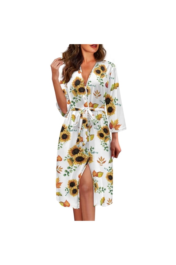 Sunflower Print Bathrobes for Women Casual Loungewear Long Sleeve Nightgowns Loose Fit Robes with Adjustable Belt