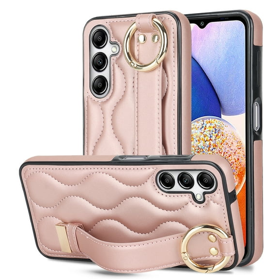 Decase for Sasmung Galaxy S24 with Wrist band Kickstand Case,with Metal RIng,Slim Shockproof PU Leather Drop Proof Non-Slip Anti-Fingerprint Protective Phone Case Cover,Rosegold