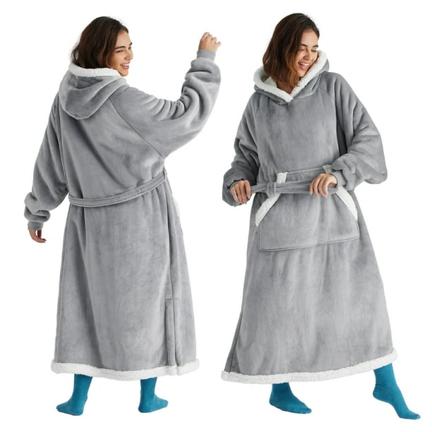 Manta portátil con capucha Bedsure para mujer, larga, color gris sherpa