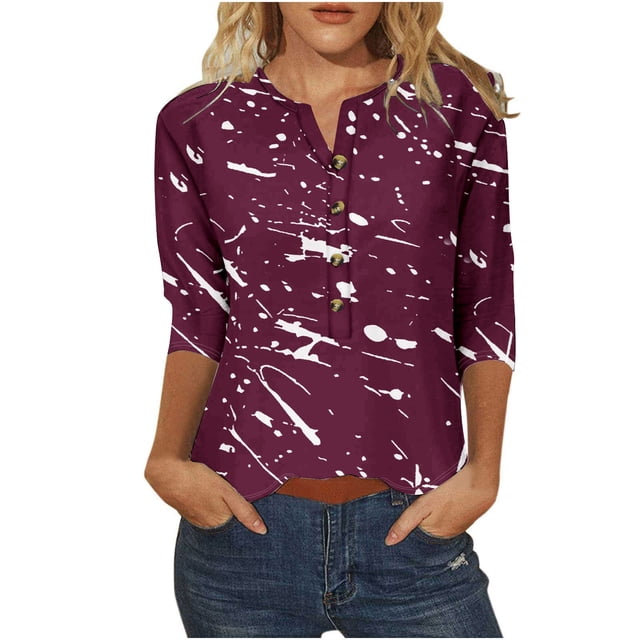T-Shirts pour Femmes, T-Shirt à Boutons Imprimé pour Femmes à Manches 3/4 Haut Ample
