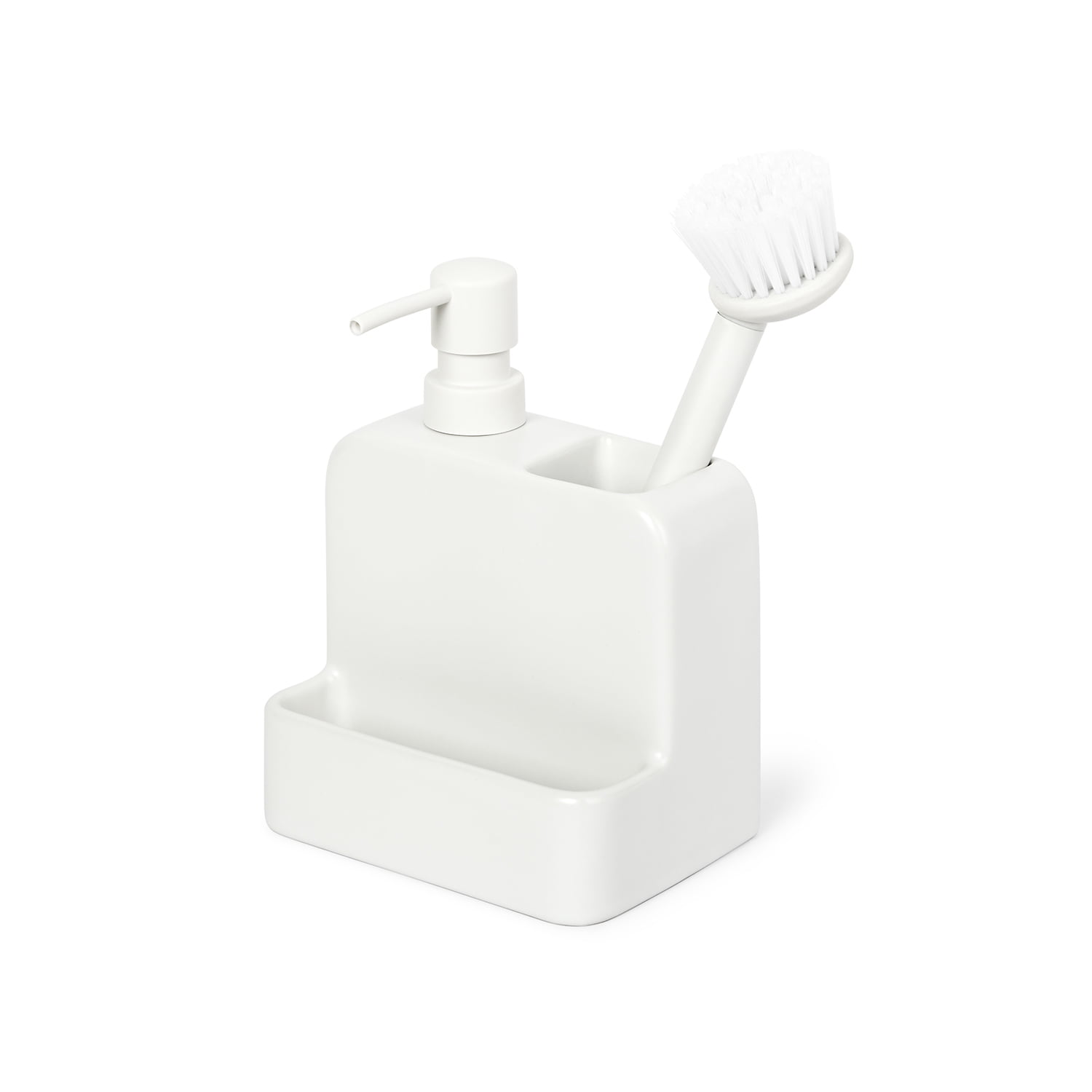 (3 pack) Mainstays Ceramic Liquid Soap Dispenser with Pump and Brush Holder, Kitchen Sink Dish Soap Dispenser Organizer for Sponge, Dish Brush and Cleaning Supplies, White