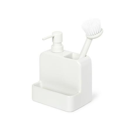 Mainstays Ceramic Liquid Soap Dispenser with Pump and Brush Holder, Kitchen Sink Dish Soap Dispenser Organizer for Sponge, Dish Brush and Cleaning Supplies, White