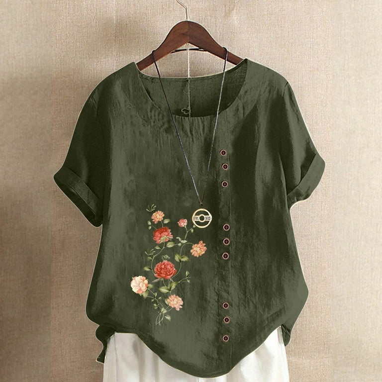 Cotton Short Sleeve Print Round Neck Embroidery Plus Size Tops Cotton Short Sleeve Print Round Neck Embroidery Plus Size Tops