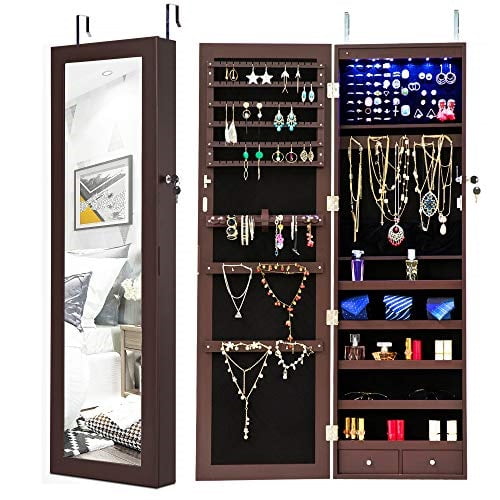 Homevibes Jewelry Cabinet Jewelry Armoire 6 Leds Mirrored Makeup