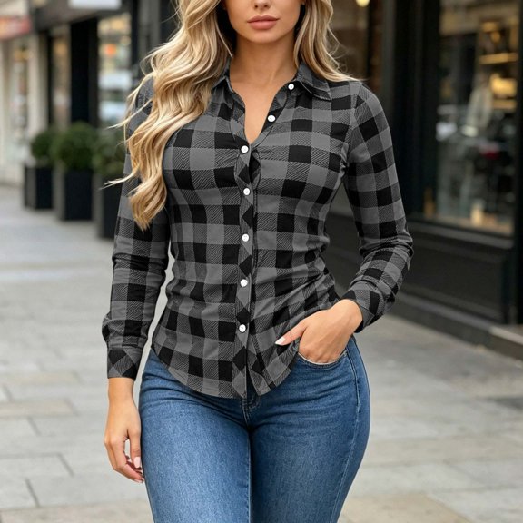 QUNYINEY Long Sleeve Womens Button Down Shirt Plaid Fall Casual Tops Collared Loose Fit Work Blouse for Women