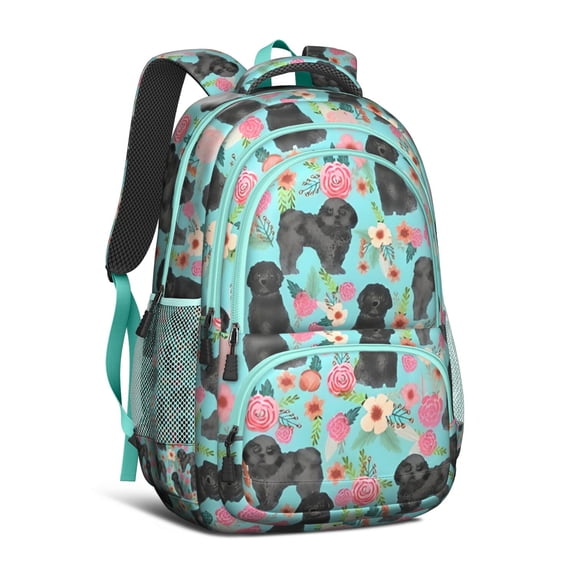 Bichon Dog Blue Florals Backpack for School,Cute School Bag,Schoolbag with Adjustable Shoulder Straps & Padded Back,16.9 Inch
