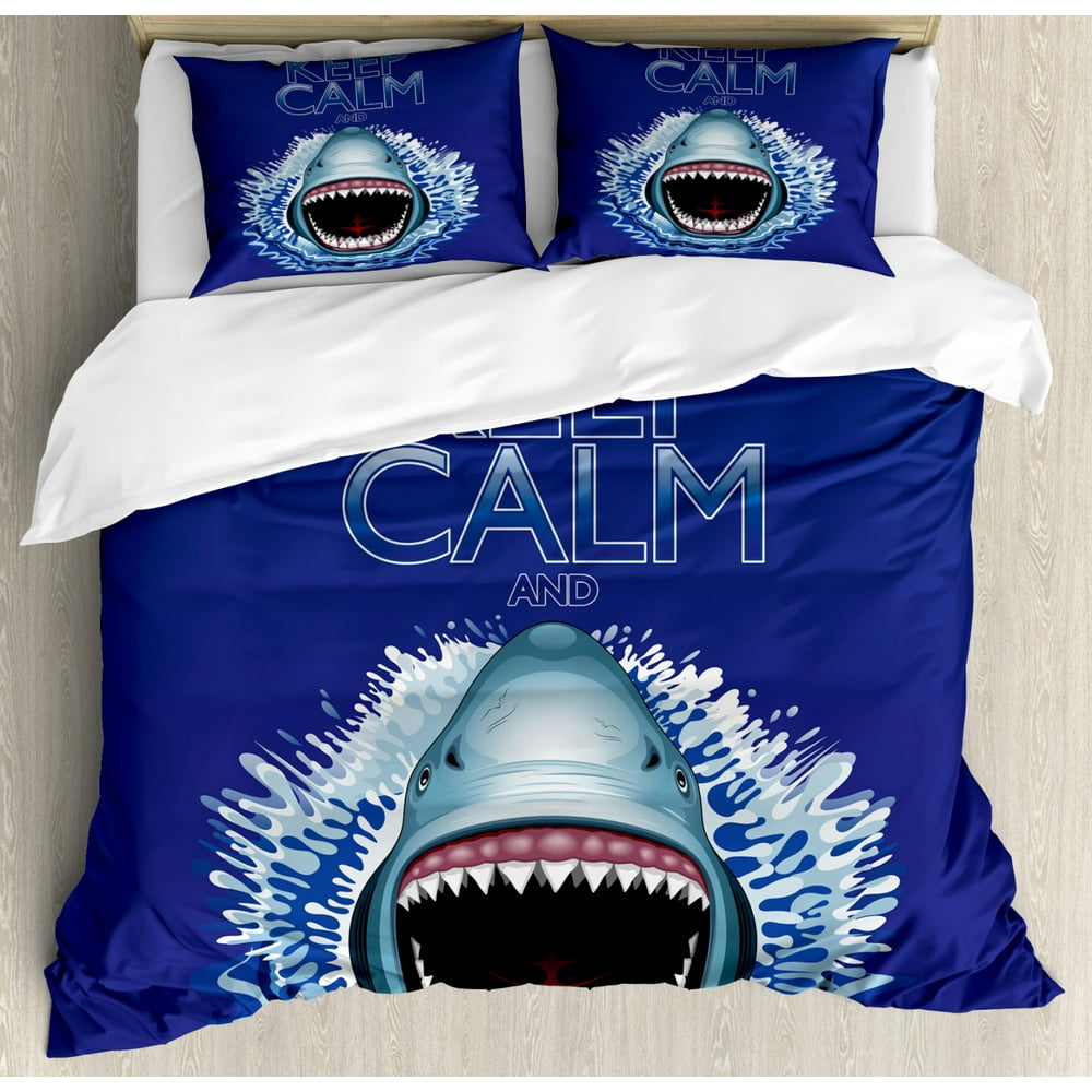 Sea Animals Duvet Cover Set, Keep Calm and Shark Jaws Attack Predators