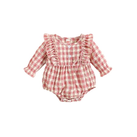 

Qtinghua Newborn Baby Girls Plaids Romper Long Sleeve Ruffled Frill Trim Button Down Jumpsuit Spring Clothes