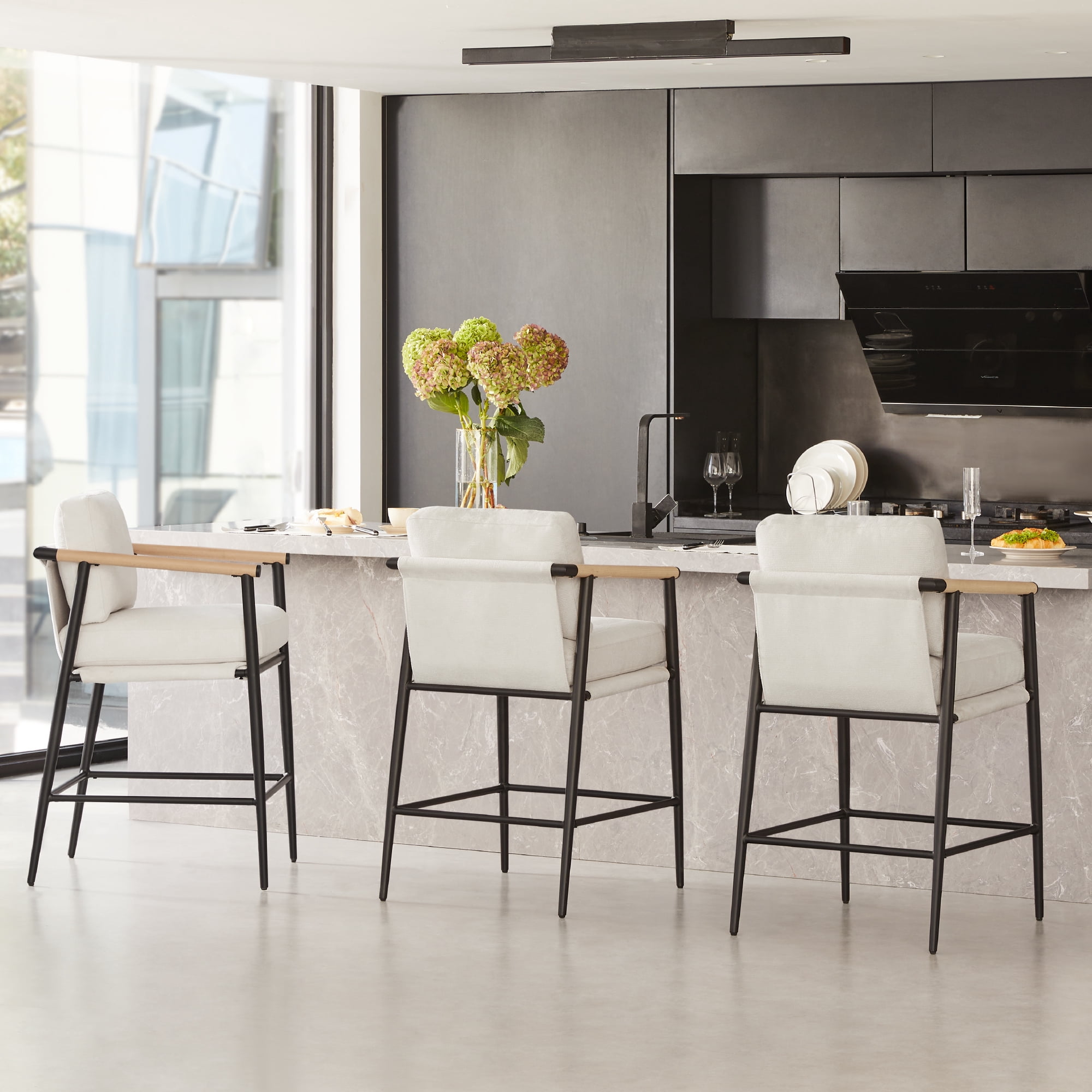 CHITA Modern Counter Stools Set of 2, Upholstered Bar Stools with Metal Frame and Wooden Armrests, Fabric in Beige