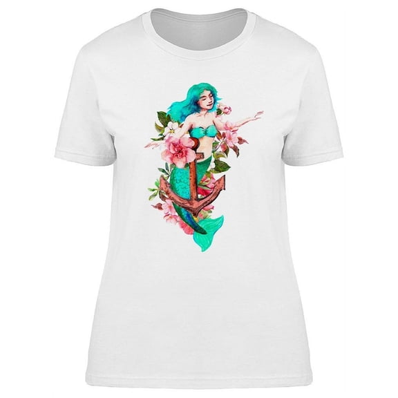 Mermaid And Anchor With Flowers T-Shirt Women -Image by Shutterstock, Female XX-Large