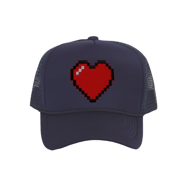 Men's 80's Retro Large 8 Bit Pixelated Heart Gamer Trucker Hat, Navy