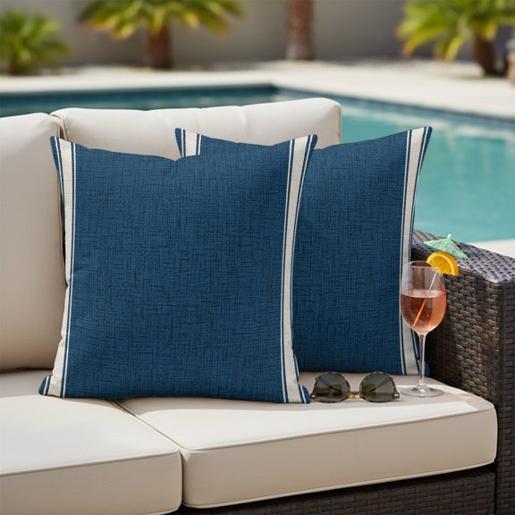 Minimalist Blue Beige Outdoor Waterproof Throw Pillow Covers Set of 2, 20"x20", Rustic Traditional Vertical Stripes Pattern Decorative Pillow Covers Outside Cushion Case for Patio Porch Garden