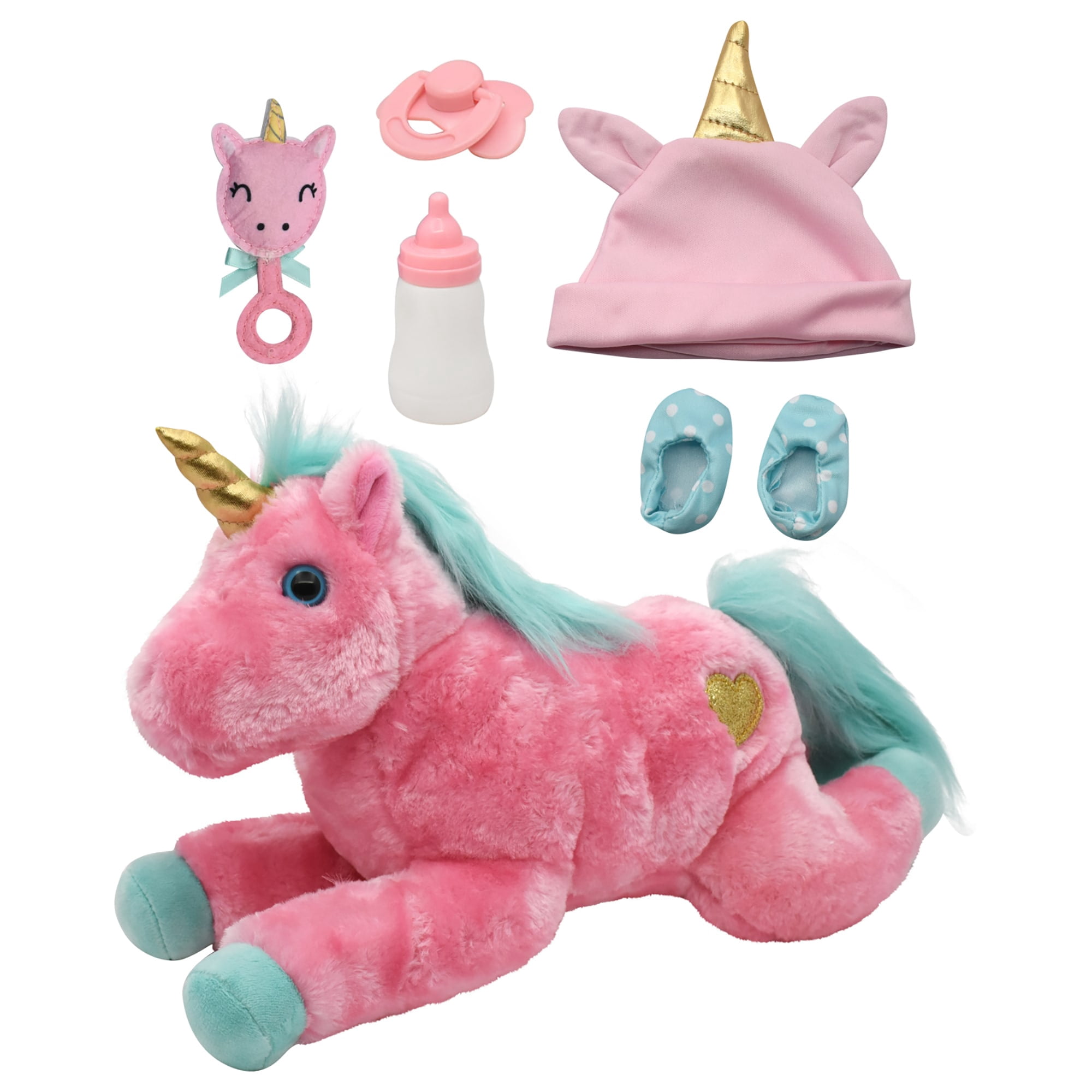 Little Darlings: 15" Hop On Baby Set - Unicorn, Pink, Green - Hard Body Baby Doll, Large Plush Unicorn, Hat & Accessories, New Adventures, Kids Age 3+