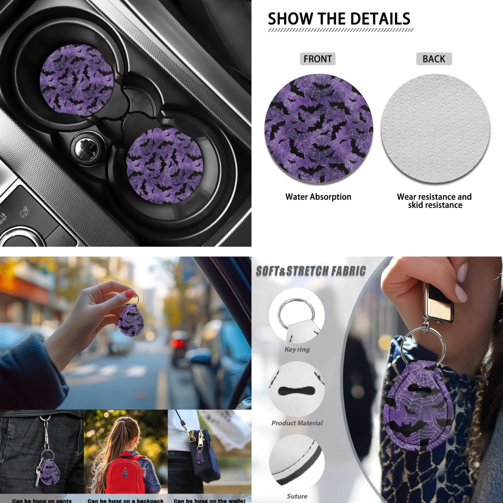 Yuyamidu Bat Car Seat Covers Full Set Purple Cobweb Steering Wheel Cover Safe Belt Pads Center Console Cover Lip Balm Pouch Coasters Keychain, Auto Interior Accessories Set of 13