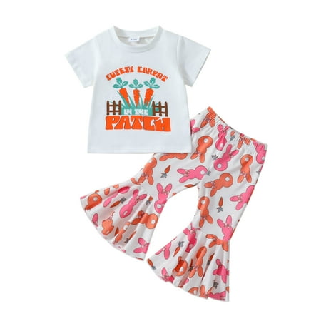 

Toddler Girls Outfits Dressy Outfits Short Sleeve Easter Rabbit Prints Tops T Shirt Bell Bottoms Pants Fall Girls Clothes 2 Years-3 Years
