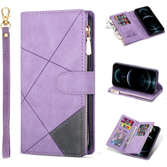 Case for iPhone 15, iPhone 15 Wallet Phone Case with Card Holder & Wristle Strap, Indentation Texture Leather Flip Phone Cover for iPhone 15(6.1 inch), Purple