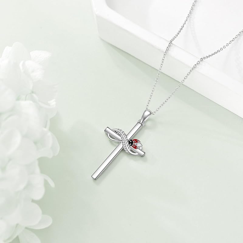 DOLIOX Cross Necklace for Women Sterling Silver Butterfly Bee Ladybug Pendant Necklaces Insect Jewelry Christian Gifts for Women