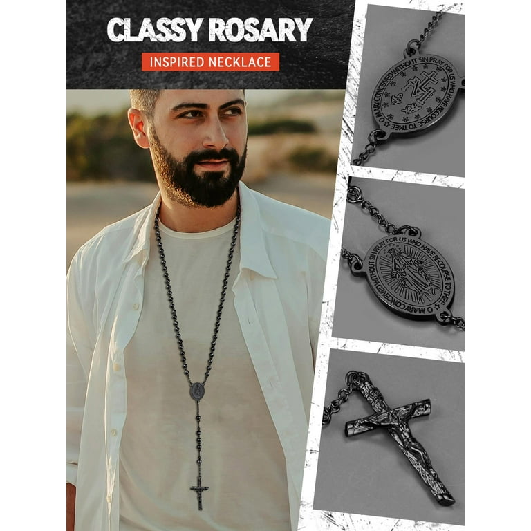 FaithHeart Black Rosary Necklace, Virgin Mary Holy Bead, Christian