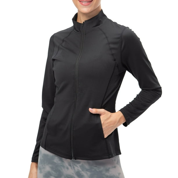 Amdohai Women Sport Jacket Turtleneck Slim Fit Full Zip Pockets Quick Dry Outdoor Running Track Jackets Tops