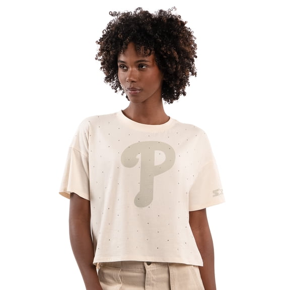 Women's Starter Cream Philadelphia Phillies Rhinestone Sprinkle Boxy Cropped T-Shirt