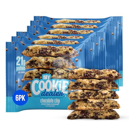 My Cookie Dealer Galletas proteicas, chispas de chocolate (paquete de 6, galleta de 4 oz) - 21 g de proteína por galleta (hecha con proteína nutricional cruda) - Bocadillos de viaje envueltos individu