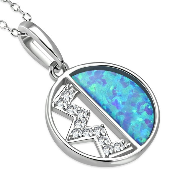 925 Sterling Silver Clear CZ Simulated Blue Opal Pendant Necklace Stud Earrings Set, 18"