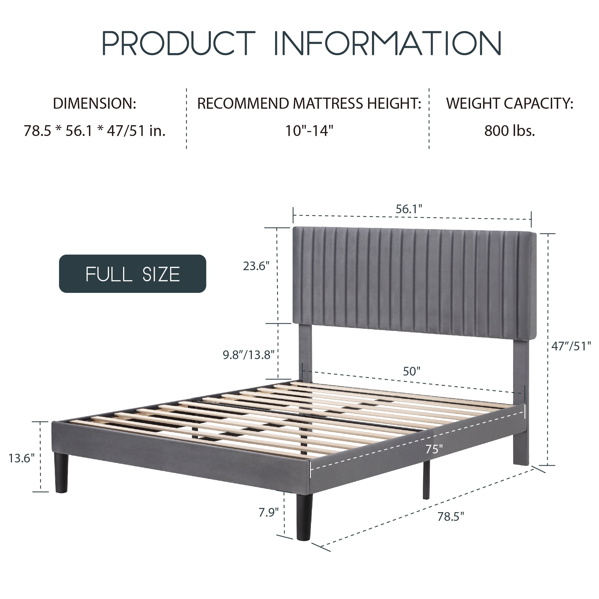 Einfach Full Size Platform Bed Frame with Upholstered Adjustable Velvet Vertical Tufted Headboard, Grey