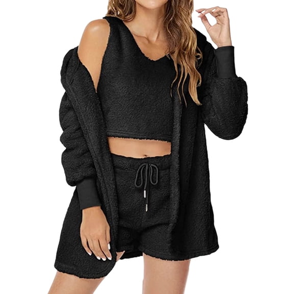 Uaswgudfs Women's 3 Piece Fuzzy Plush Loungewear Set Fluffy Pajama Sleepwear Jacket Crop Top Shorts Cozy Comfortable Home Clothes Winter Soft Warm Pajama Set