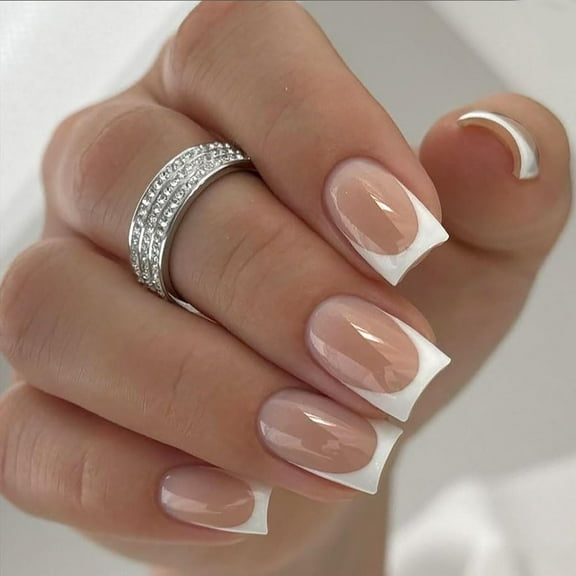 Press on Nails Short Medium Square Glossy French White Chrome Fake Nails Full Cover Acrylic False Glue Stick on Nail Artificial Gel Nails for Women Wedding Manicure Decorations 24Pcs Glossy French