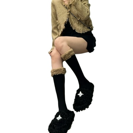 

FAIOIN Women Winter Calf Length Boots Socks Japanese Style Cute Faux Lamb Wool Furry Trim Pompom Bowknot Stockings Leg Warmer