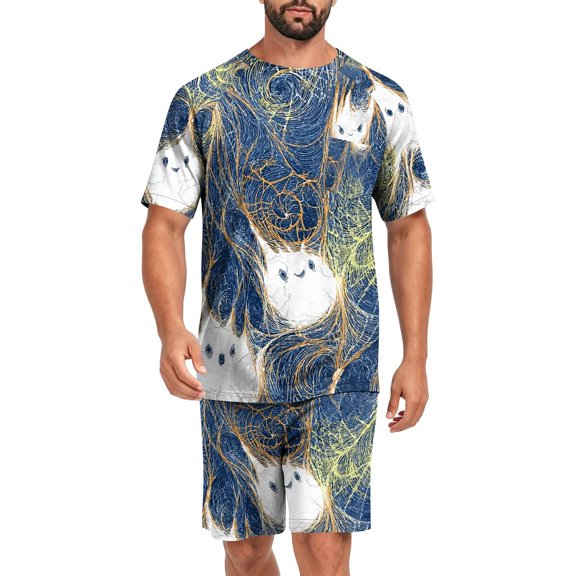 Pajamas for Men Halloween Pumpkins Print Mens Pajama Set Short Sleeve Crewneck & Pajama Shorts