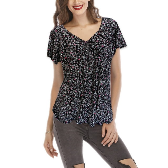 Fashnice Ladies Summer Tops V Neck T-shirt Floral Print T Shirt Loose Work Pullover Black S