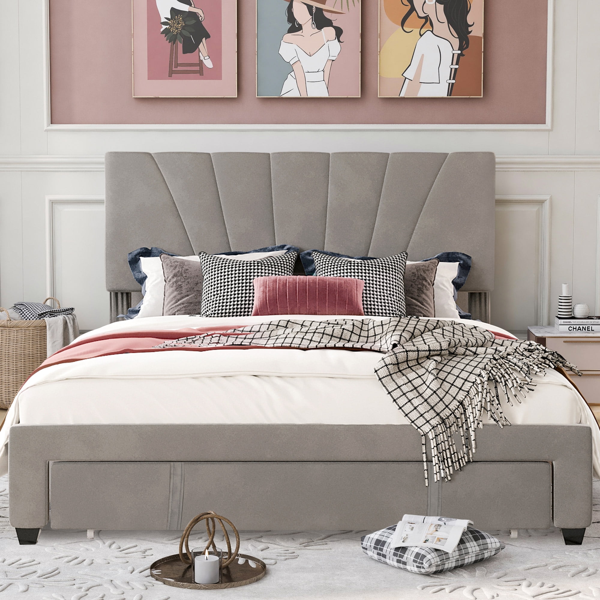 Buy Queen Bed Frame, New Upgraded Velvet Upholstered Platform Bed with